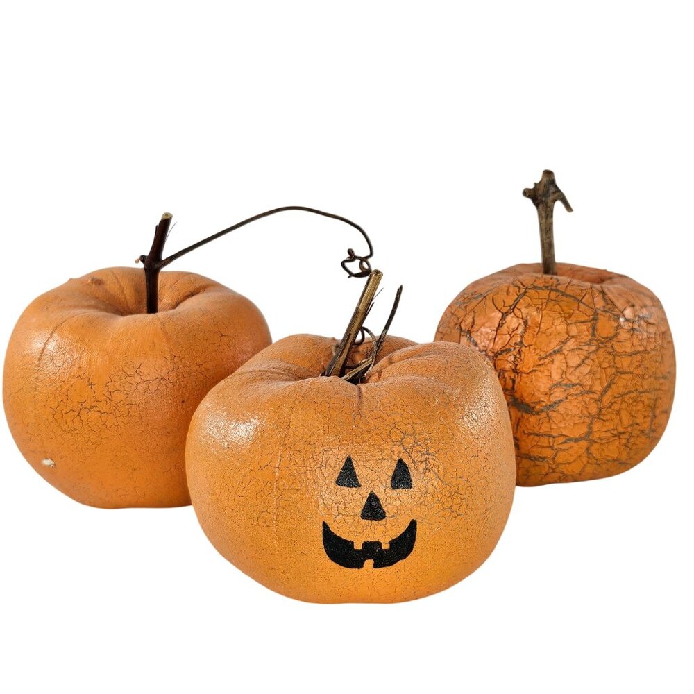Natalie Silitch Folk Art Pumpkin Rustic Wooden Stem Crackle Canvas Set Of 3